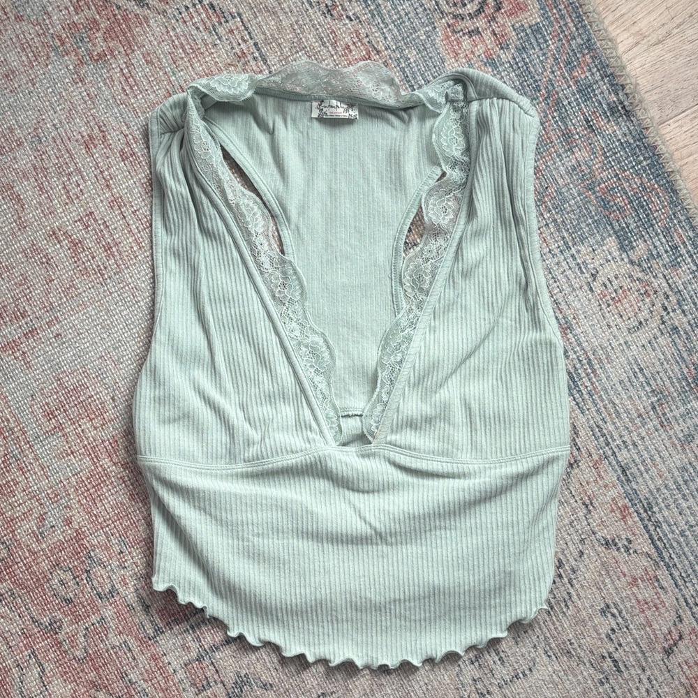 Free People Mint Green Lace Trim Top